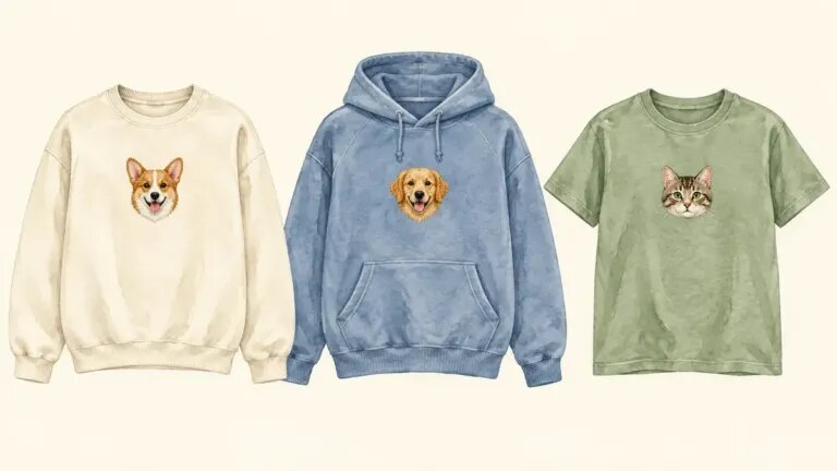 Illustration of three garments side by side on a cream background: a cream crewneck sweatshirt with an embroidered corgi face, a blue hoodie with an embroidered golden retriever face, and a sage T-shirt with an embroidered cat face