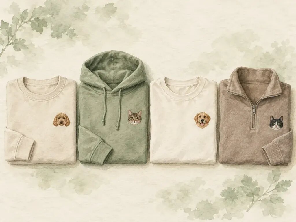 Illustration of four folded garments in a row: a crewneck sweatshirt, a hoodie, a T-shirt and a quarter-zip pullover, each with a small embroidered pet face on the chest