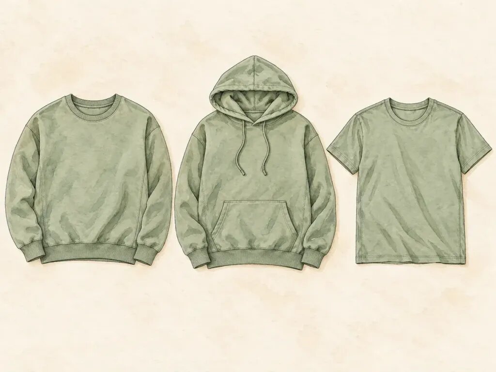 Illustration of a sweatshirt, a hoodie and a T-shirt laid flat side by side, showing collars, the hood, ribbed cuffs and side seams
