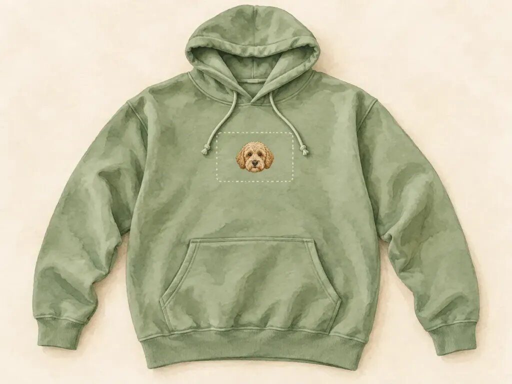 Illustration of a hoodie laid flat with a soft dotted outline marking the open chest area below the hood strings, a small embroidered dog face inside that area
