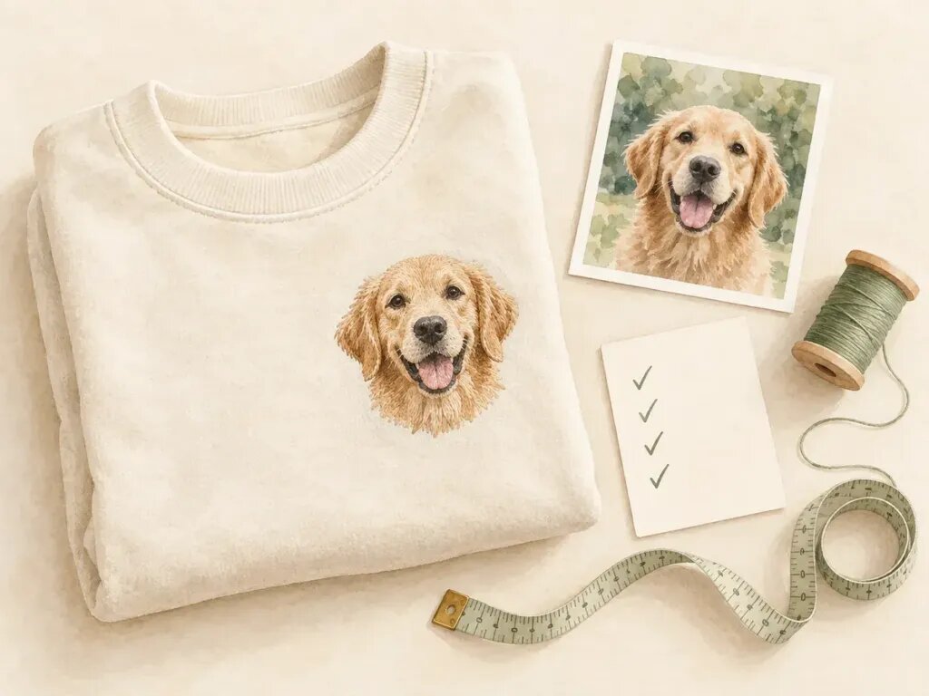 Illustration of a tidy flat lay: a folded cream sweatshirt with an embroidered pet face, a tape measure, a thread spool, a printed pet photo and a blank card with tick marks only