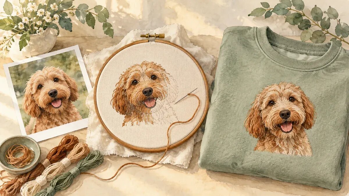Illustration of a process scene: a printed dog photo, an embroidery hoop with a dog face being stitched, and a folded sweatshirt with the finished portrait