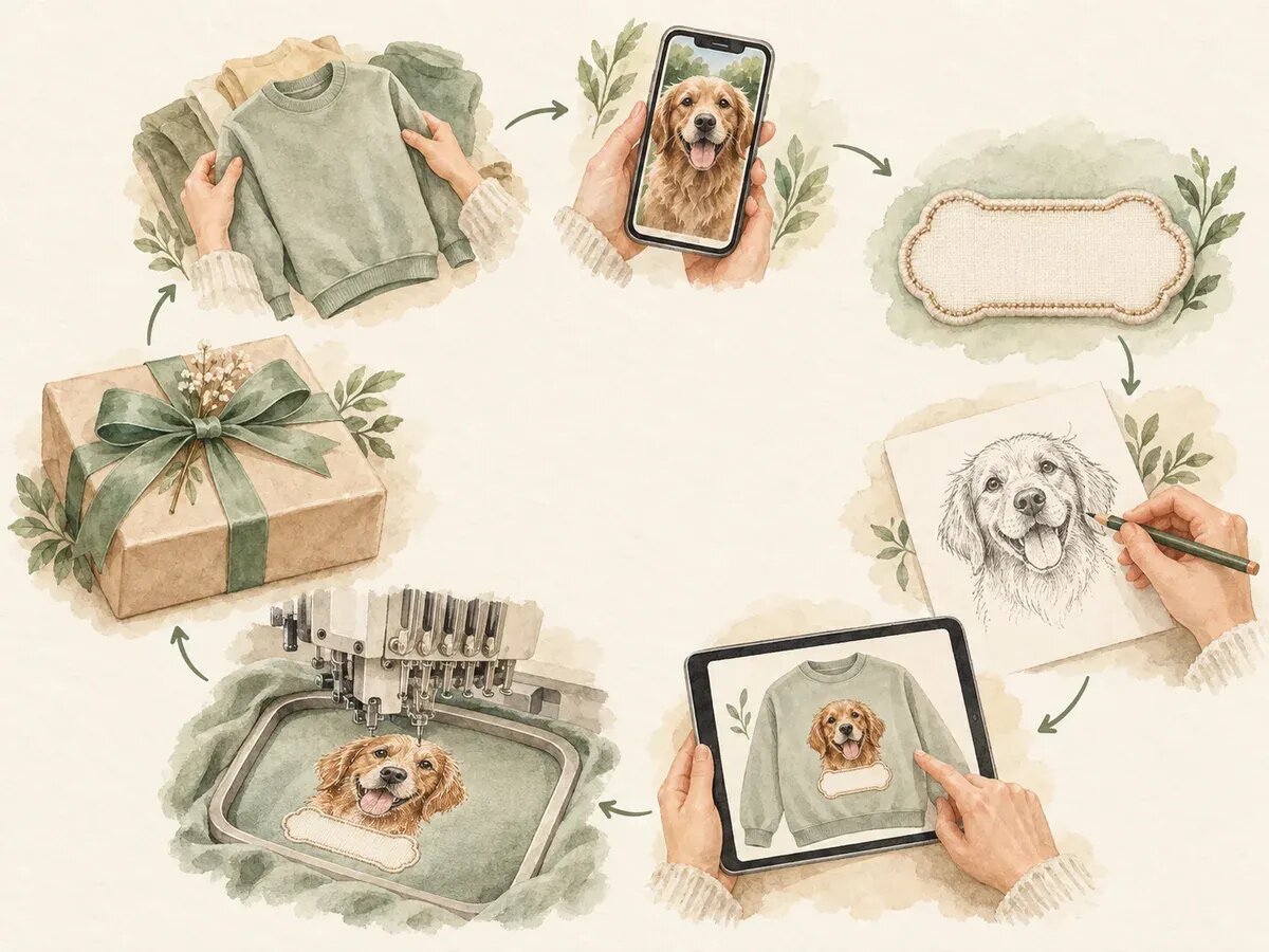 Illustration of seven small vignettes arranged in a gentle circle: choosing a sweatshirt, a dog photo on a phone, a blank name tag, a design sketch, a preview on a tablet, an embroidery machine, and a wrapped gift box
