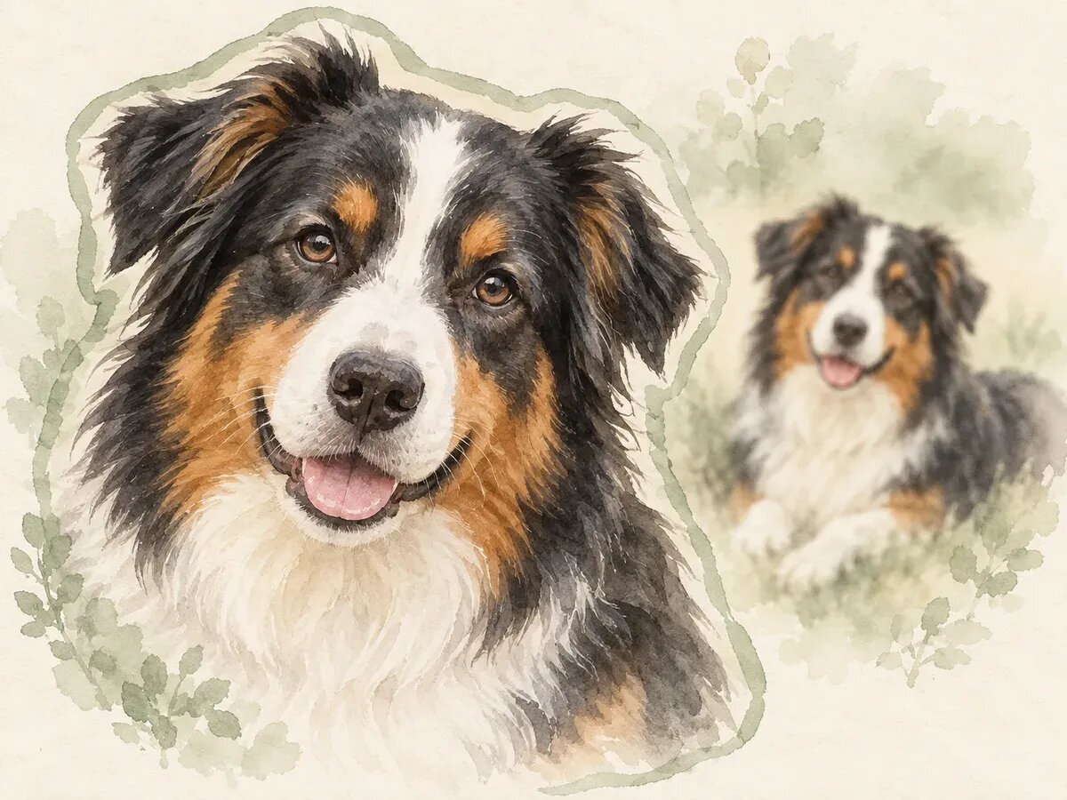 Illustration of a clear close portrait of a tricolor Australian shepherd beside a smaller blurry photo of the same dog, the clear one framed with a soft green outline