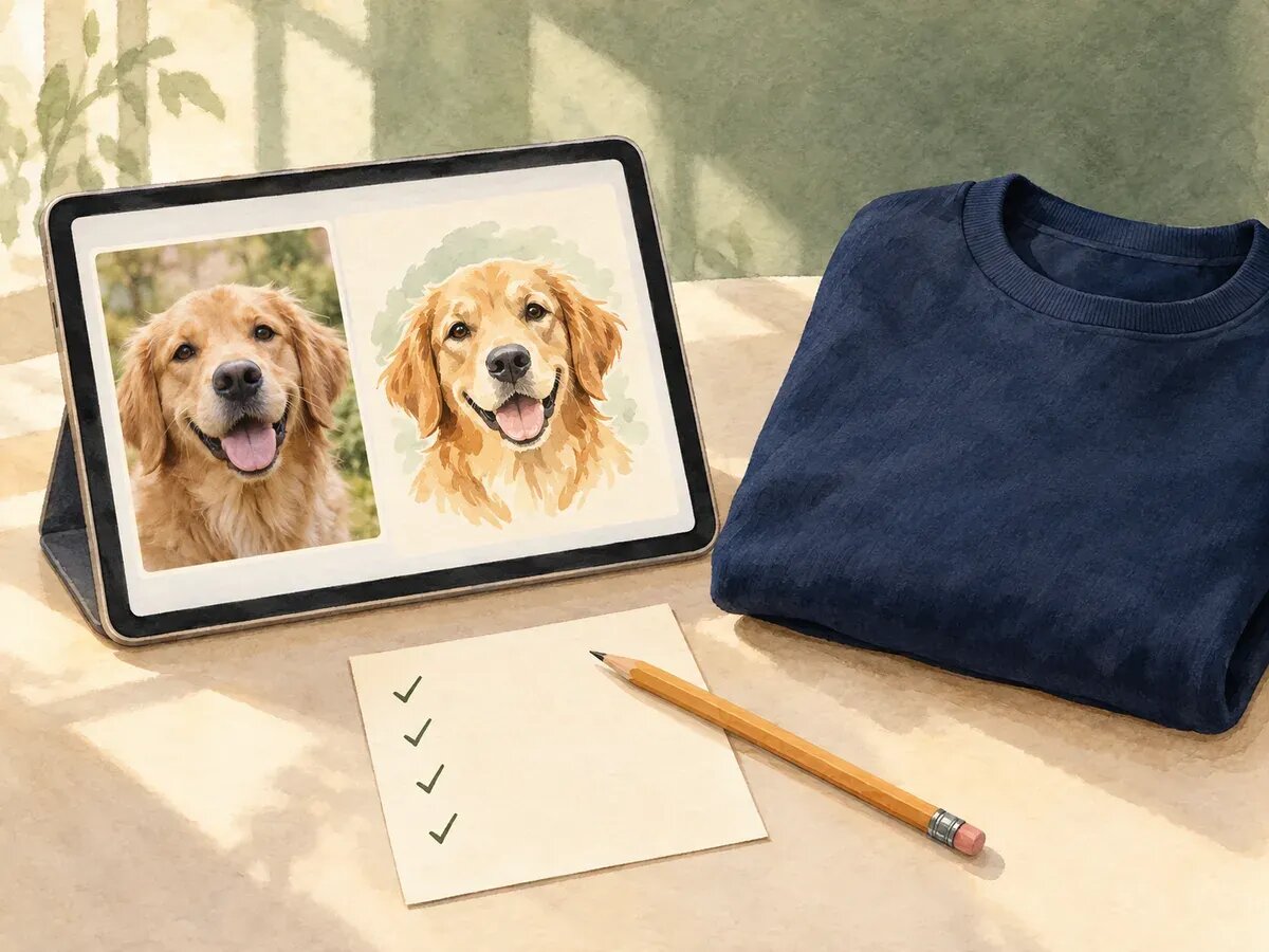 Illustration of a tablet showing a design preview of a dog face next to the original photo and a navy sweatshirt, a pencil resting on a blank card with tick marks only