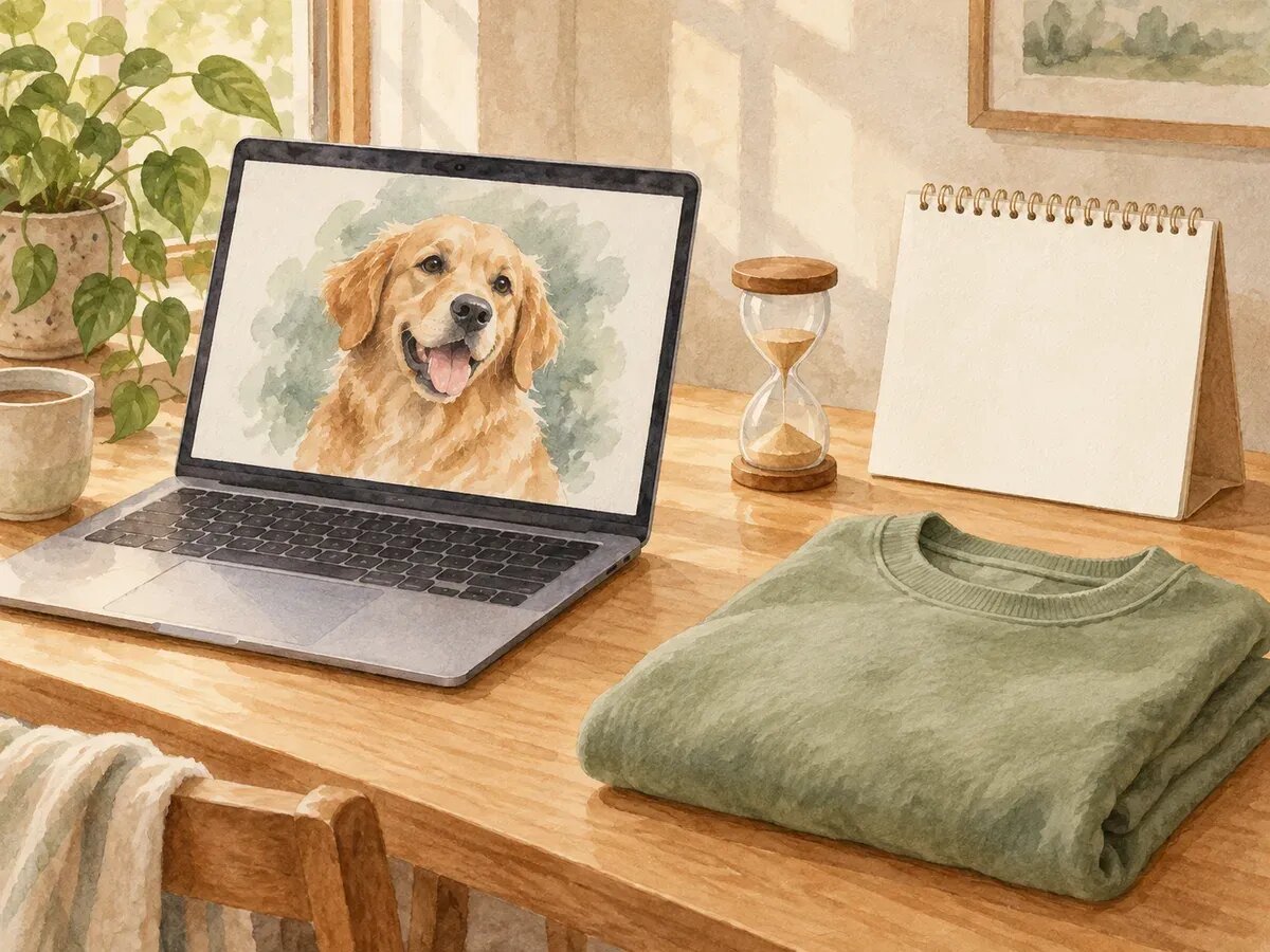 Illustration of a laptop showing a dog portrait design preview, a small hourglass, a blank calendar page and a folded sweatshirt waiting nearby