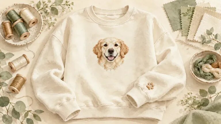 Illustration of a cream sweatshirt with an embroidered dog face on the chest and a small paw stitched on the sleeve cuff, surrounded by thread spools and fabric swatches