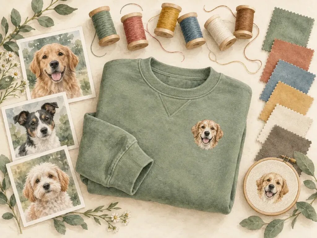 Illustration of a flat lay of personalization choices: thread spools in several colors, a few pet photos, garment color swatches and a sweatshirt with a small embroidered pet face