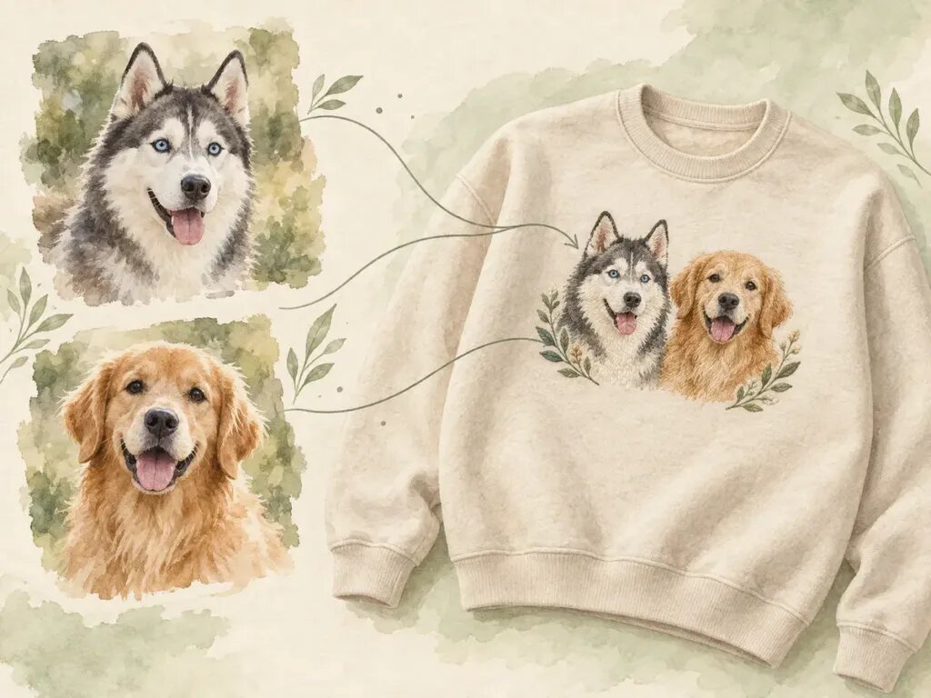 Illustration of two pet photos, a husky and a golden retriever, linked by soft lines to a sweatshirt that shows both pets embroidered side by side