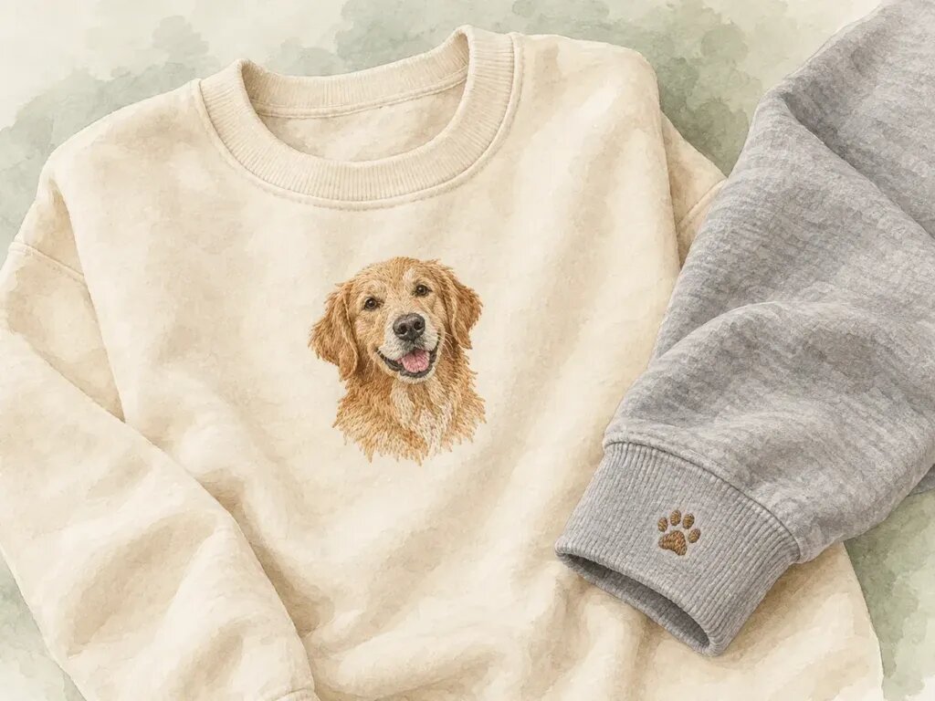 Illustration of a cream sweatshirt with an embroidered portrait on the chest next to a grey sweatshirt sleeve with a small embroidered paw on the cuff