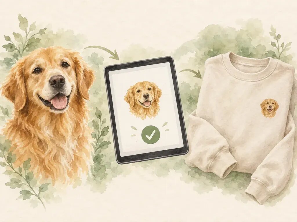 Illustration of a sequence: a golden retriever photo, a design preview on a tablet with a check mark, and the finished embroidered sweatshirt