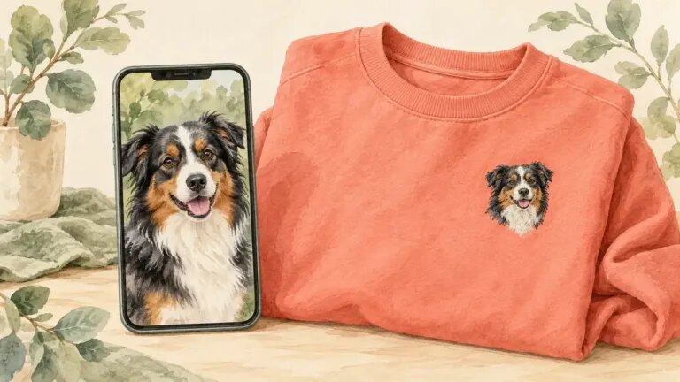 Illustration of a phone showing a clear photo of a tricolor Australian shepherd next to a coral sweatshirt with the same dog embroidered on the chest