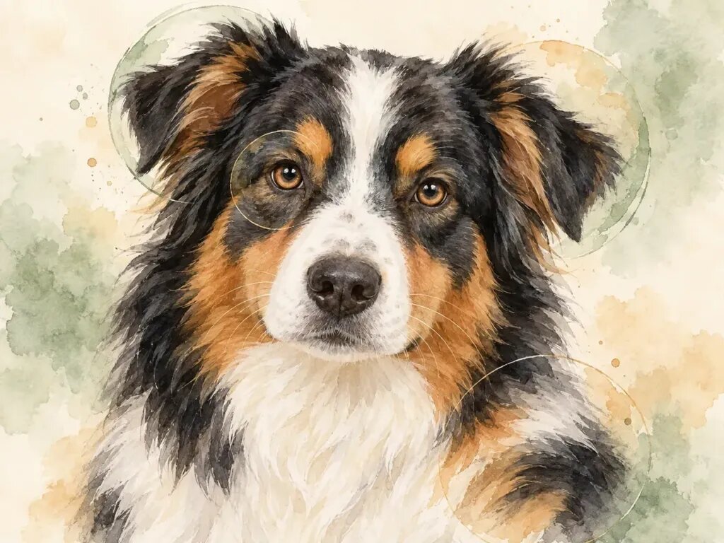 Illustration of a clear, well-lit close portrait of a tricolor Australian shepherd looking at the camera, soft circles highlighting the eyes, the ears and the coat markings