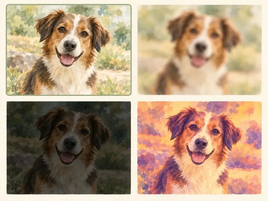 Illustration of four small photos of the same dog in a grid: one sharp and well lit, one blurry, one too dark, one with a heavy color filter; the sharp one framed with a soft green outline