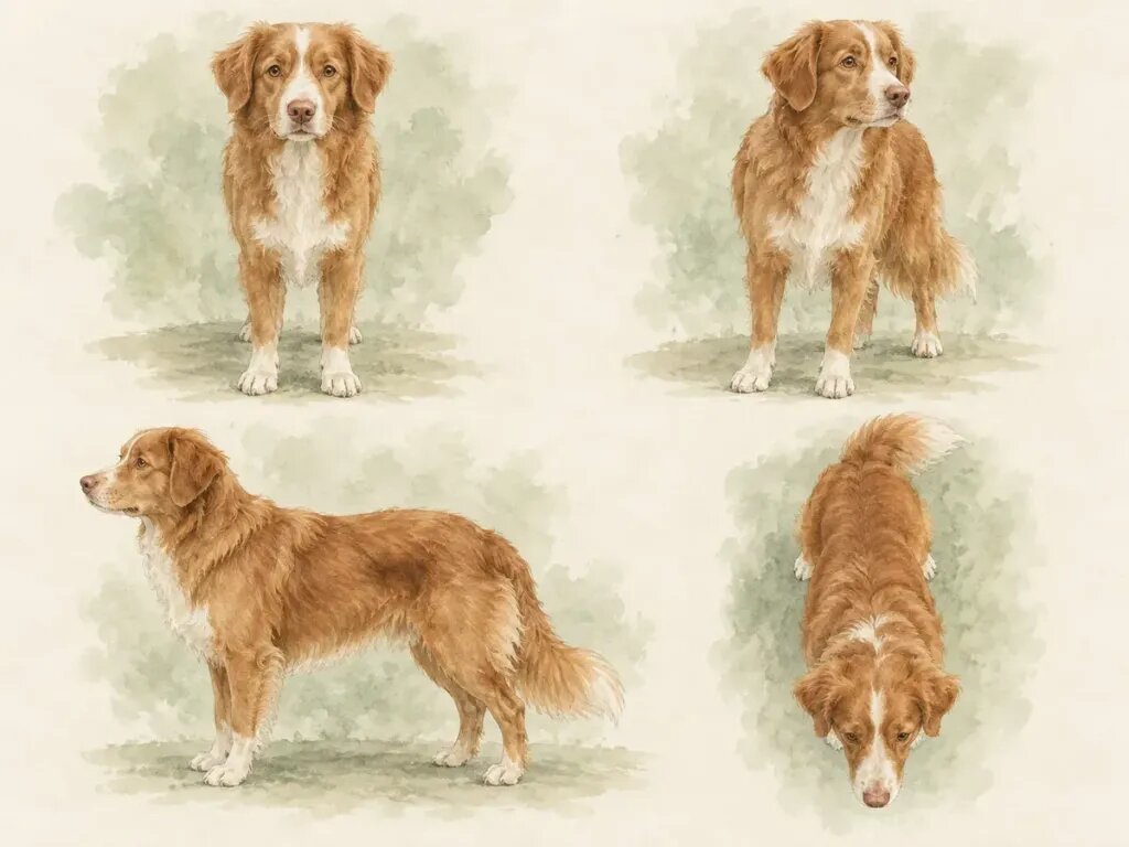 Illustration of four photos of the same dog taken from different angles: from the front, three-quarter, in profile and from above