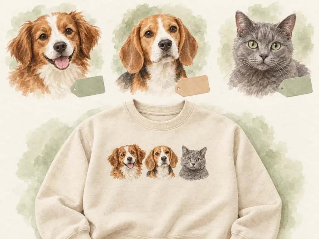 Illustration of three pet photos in a row, a brown and white dog, a beagle and a grey cat, each with a small blank colored tag, above a sweatshirt showing the three pets embroidered side by side