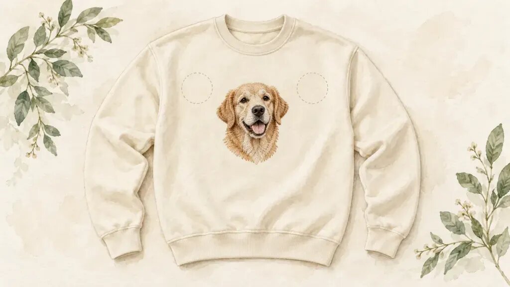 Illustration of a cream crewneck sweatshirt laid flat with an embroidered dog portrait at the center of the chest, faint dotted circles marking the left chest and right chest positions