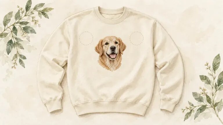 Illustration of a cream crewneck sweatshirt laid flat with an embroidered dog portrait at the center of the chest, faint dotted circles marking the left chest and right chest positions