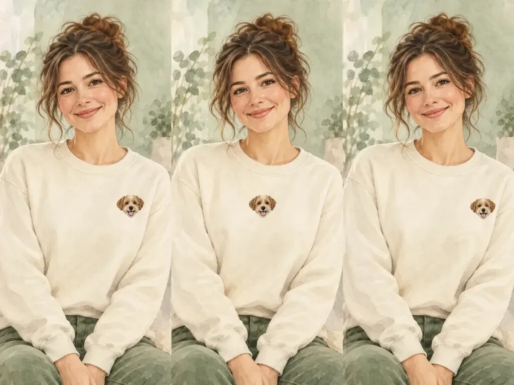 Illustration of three side-by-side panels of the same smiling woman wearing a cream sweatshirt, with a small embroidered dog face on the left chest, then the center chest, then the right chest