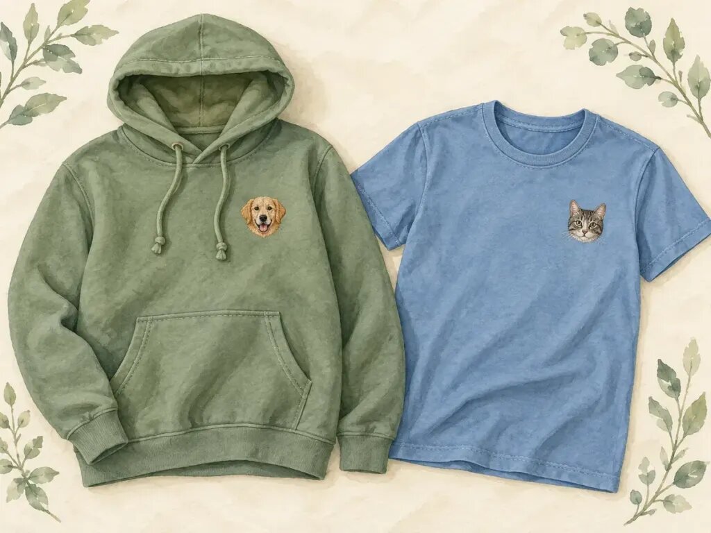 Illustration of a green hoodie and a blue T-shirt laid flat, showing how the hood strings, a front pocket and the seams sit around a small embroidered pet portrait