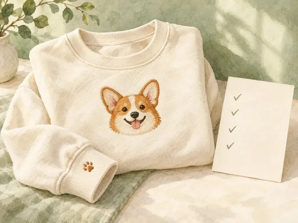 Illustration of a cream sweatshirt with an embroidered corgi face on the chest and a small stitched paw on the sleeve cuff, beside a blank card with tick marks only