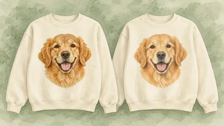 Illustration of two cream sweatshirts side by side: one with a raised embroidered golden retriever face showing thread texture, the other with a flat printed version of the same face