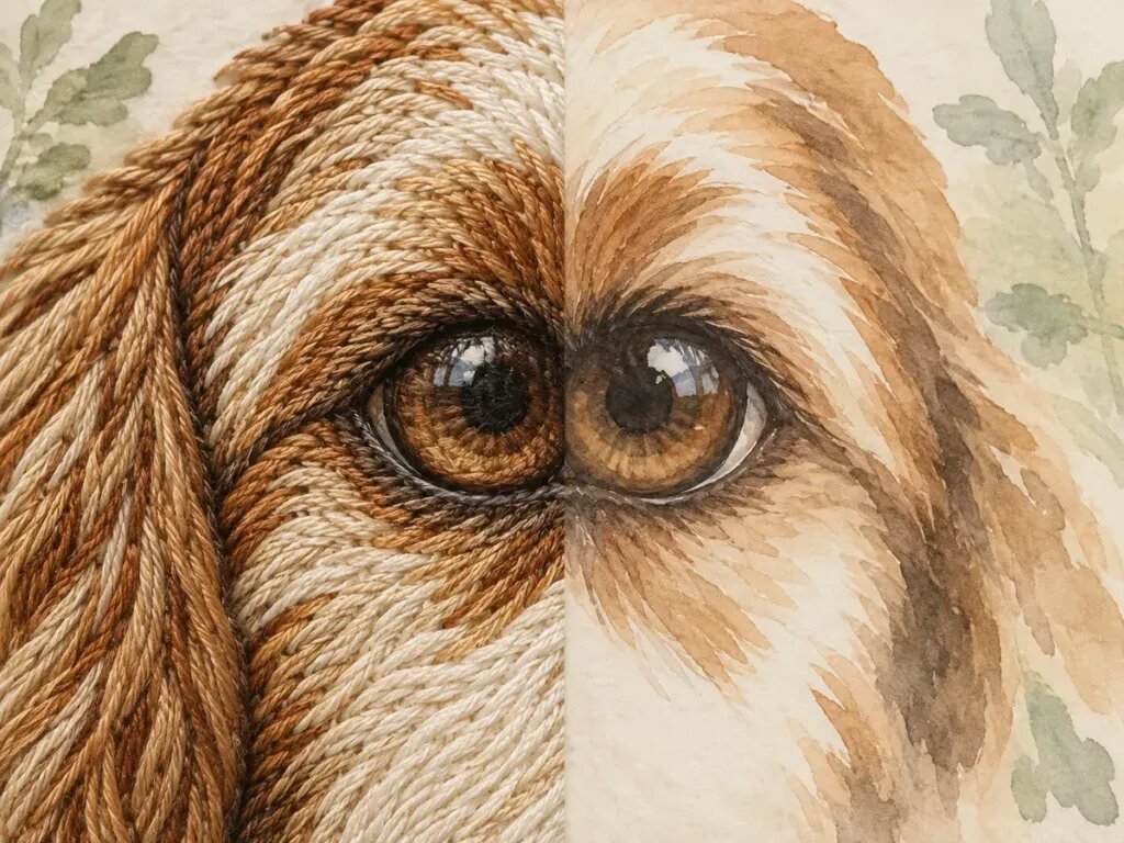 Illustration of a close-up split view of a dog's eye and fur: on the left formed by satin and fill embroidery stitches in thread, on the right the same detail as a smooth flat printed surface