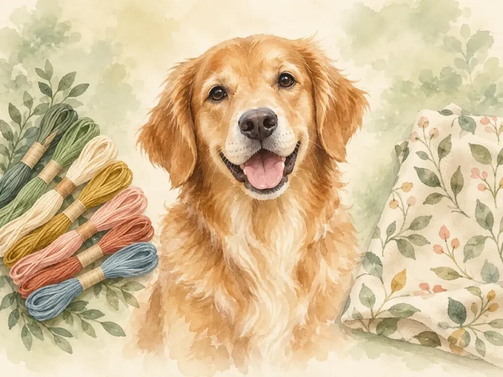 Illustration of a dog photo in the center with soft color gradients, a fan of embroidery thread colors on the left and a smooth printed fabric swatch on the right