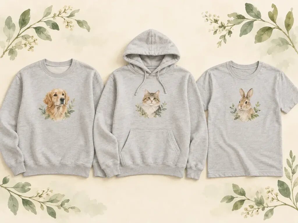 Illustration of a light grey sweatshirt, hoodie and T-shirt laid flat side by side, each with a small pet portrait on the chest