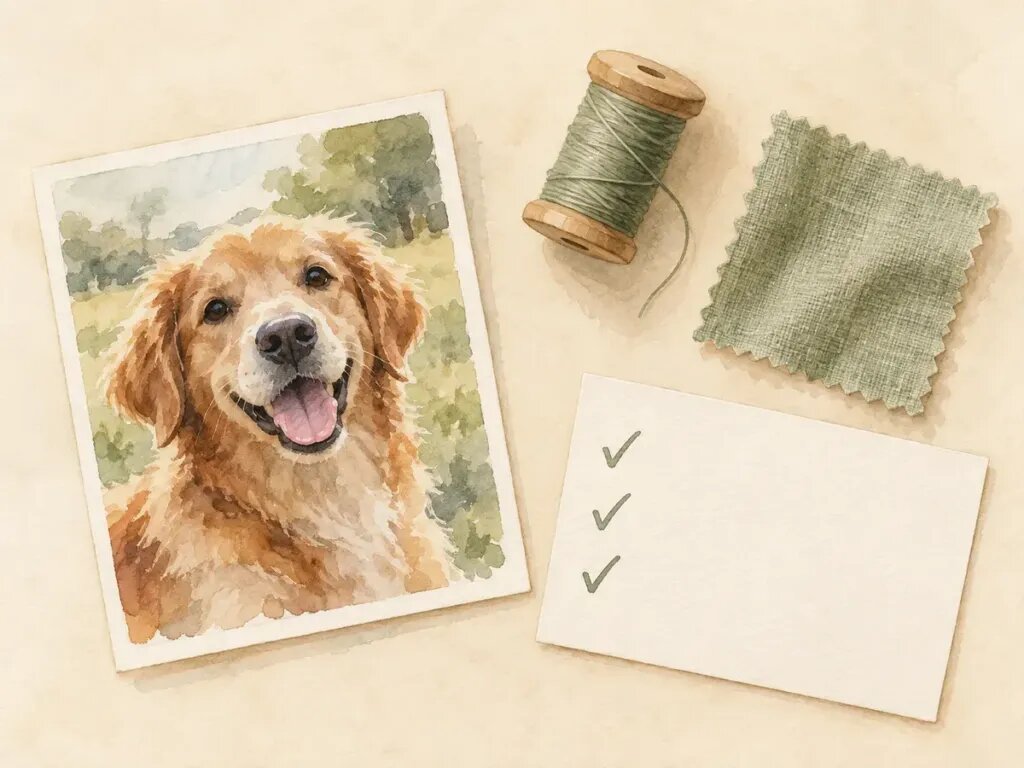 Illustration of a flat lay on a cream table: a dog photo, a thread spool, a fabric swatch and a blank card with tick marks only