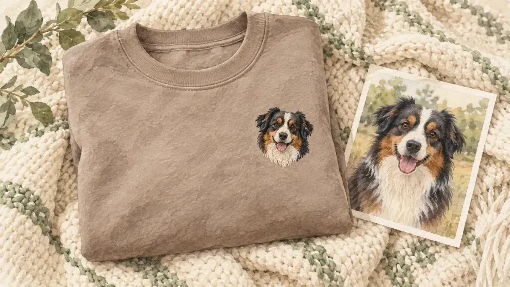 Illustration of a folded taupe crewneck sweatshirt with a small embroidered portrait of a tricolor Australian shepherd on the left chest, beside a printed photo of the same dog, on a cream knit blanket