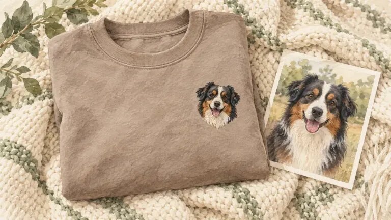 Illustration of a folded taupe crewneck sweatshirt with a small embroidered portrait of a tricolor Australian shepherd on the left chest, beside a printed photo of the same dog, on a cream knit blanket
