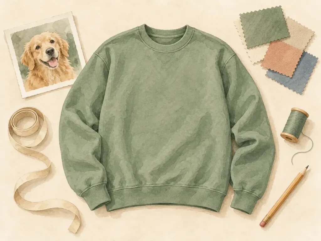 Illustration of a crewneck sweatshirt laid flat, surrounded by small objects for checking an order: a pet photo, fabric color swatches, a measuring tape, a thread spool and a pencil