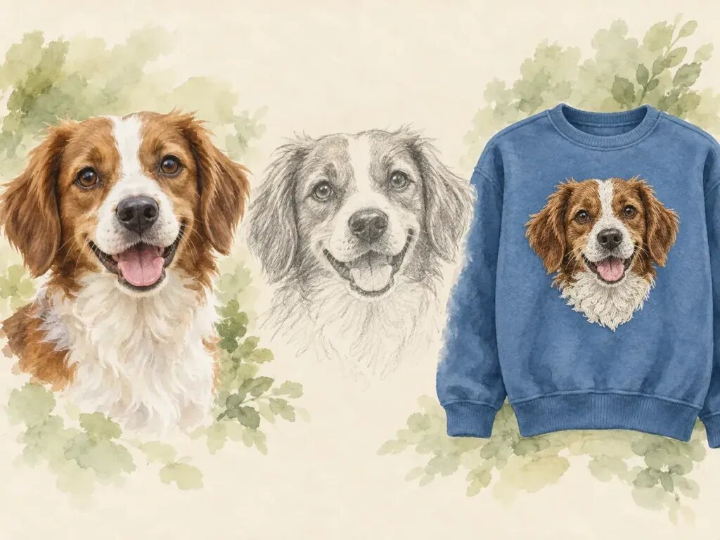 Illustration of three steps left to right: a clear photo of a smiling brown and white dog, a soft pencil sketch of the same dog's face, and the finished embroidered dog face on a blue sweatshirt