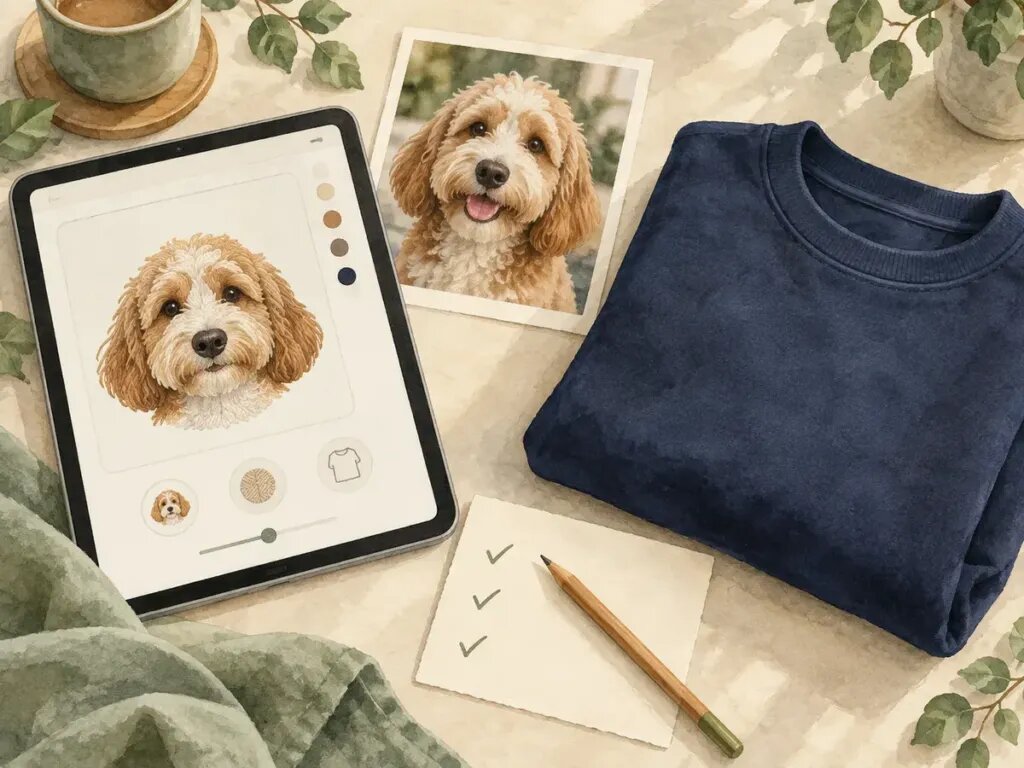 Illustration of a tablet showing a simple embroidered dog-face design preview next to the original dog photo and a folded navy sweatshirt, a pencil resting on a blank card with tick marks only