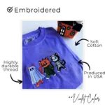 Halloween cats tee features: embroidered design, durable thread, soft cotton, produced in the USA, shown in Violet