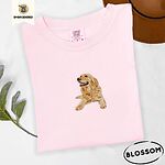 Blossom Comfort Colors T-shirt embroidered with a happy golden retriever lying down with its head up and tongue out