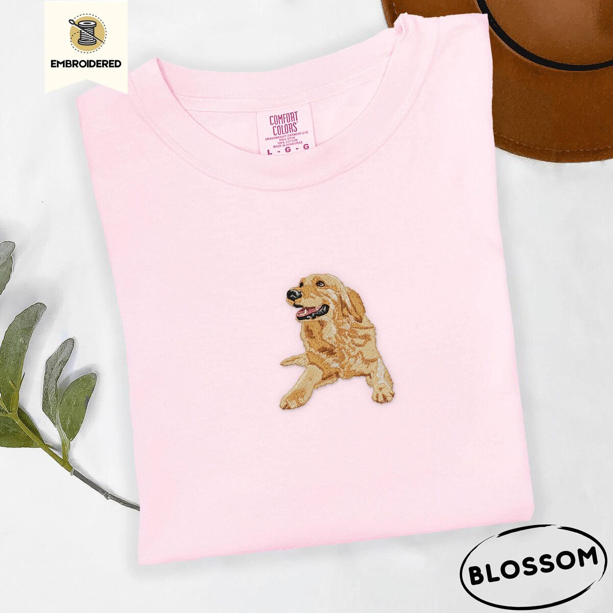 Happy Golden Retriever Shirt – Blossom Blossom Comfort Colors T-shirt embroidered with a happy golden retriever lying down with its head up and tongue out