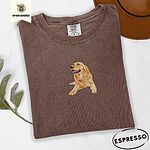 Espresso Comfort Colors T-shirt embroidered with a happy golden retriever lying down with its head up and tongue out