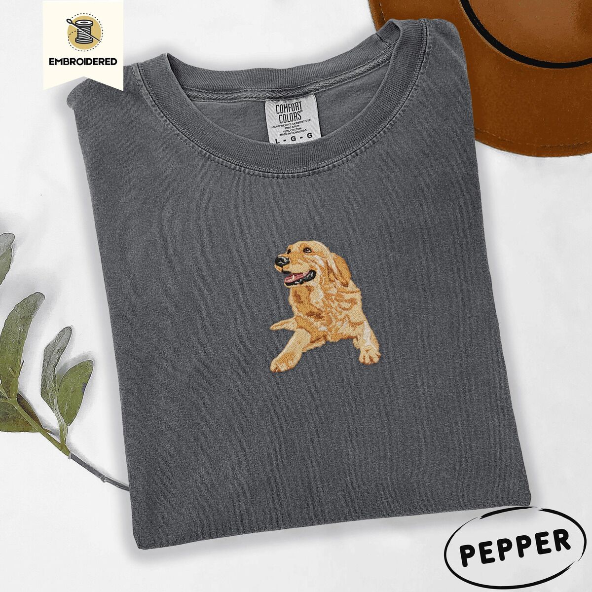 Happy Golden Retriever Shirt – Pepper Pepper Comfort Colors T-shirt embroidered with a happy golden retriever lying down with its head up and tongue out