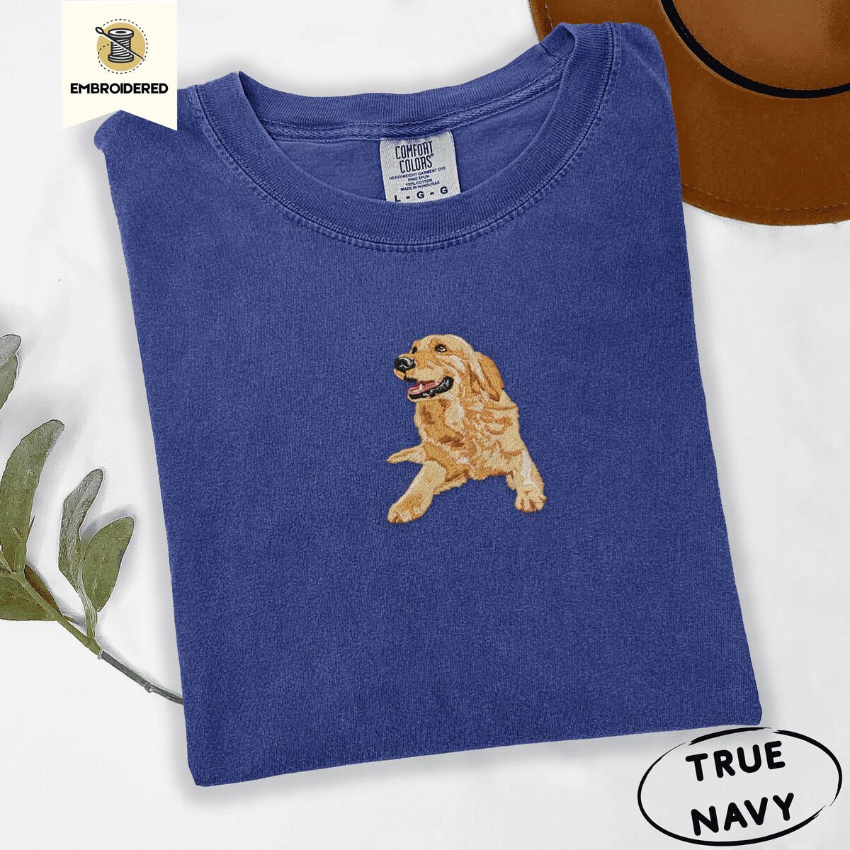 Happy Golden Retriever Shirt – True Navy True Navy Comfort Colors T-shirt embroidered with a happy golden retriever lying down with its head up and tongue out