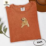 Yam Comfort Colors T-shirt embroidered with a happy golden retriever lying down with its head up and tongue out
