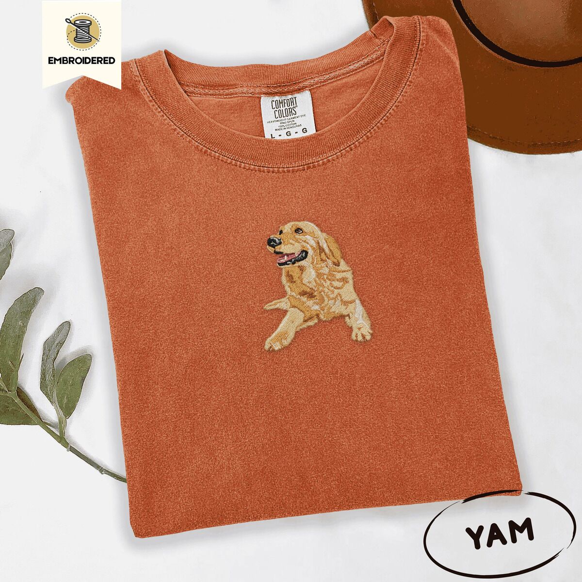 Happy Golden Retriever Shirt – Yam Yam Comfort Colors T-shirt embroidered with a happy golden retriever lying down with its head up and tongue out
