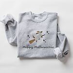 Sport Grey crewneck sweatshirt laid flat on white, embroidered with a ghost dachshund riding a broom among black stars above the words Happy Halloweenie