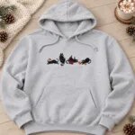Ash grey hoodie with the four embroidered Christmas black cats across the chest