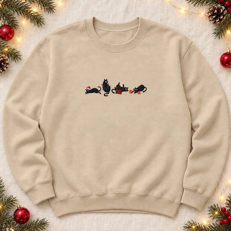 Sand holiday cat sweatshirt with four embroidered black cats, a Santa hat, Christmas lights, a gift box and ornaments across the chest