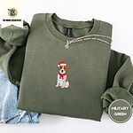 Military Green Jack Russell Christmas sweatshirt folded with light jeans and a silver chain necklace, with a mini embroidered Jack Russell puppy in a Santa hat and red scarf centered on the chest