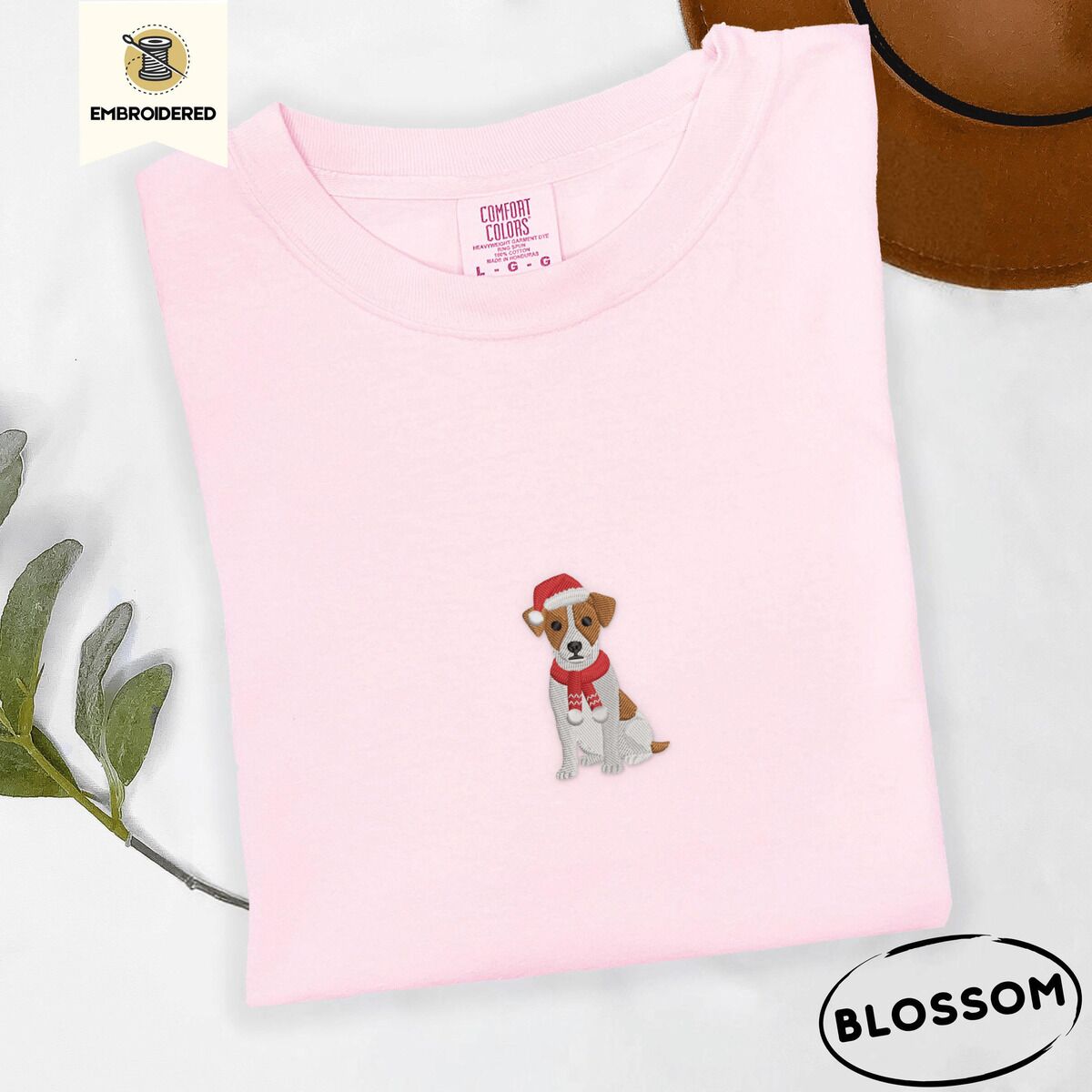 Jack Russell Santa Hat Shirt – Blossom Blossom Comfort Colors T-shirt embroidered with a mini Jack Russell Terrier puppy in a red Santa hat and a knitted red scarf