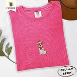 Crunchberry Comfort Colors T-shirt embroidered with a mini Jack Russell Terrier puppy in a red Santa hat and a knitted red scarf