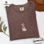 Espresso Comfort Colors T-shirt embroidered with a mini Jack Russell Terrier puppy in a red Santa hat and a knitted red scarf